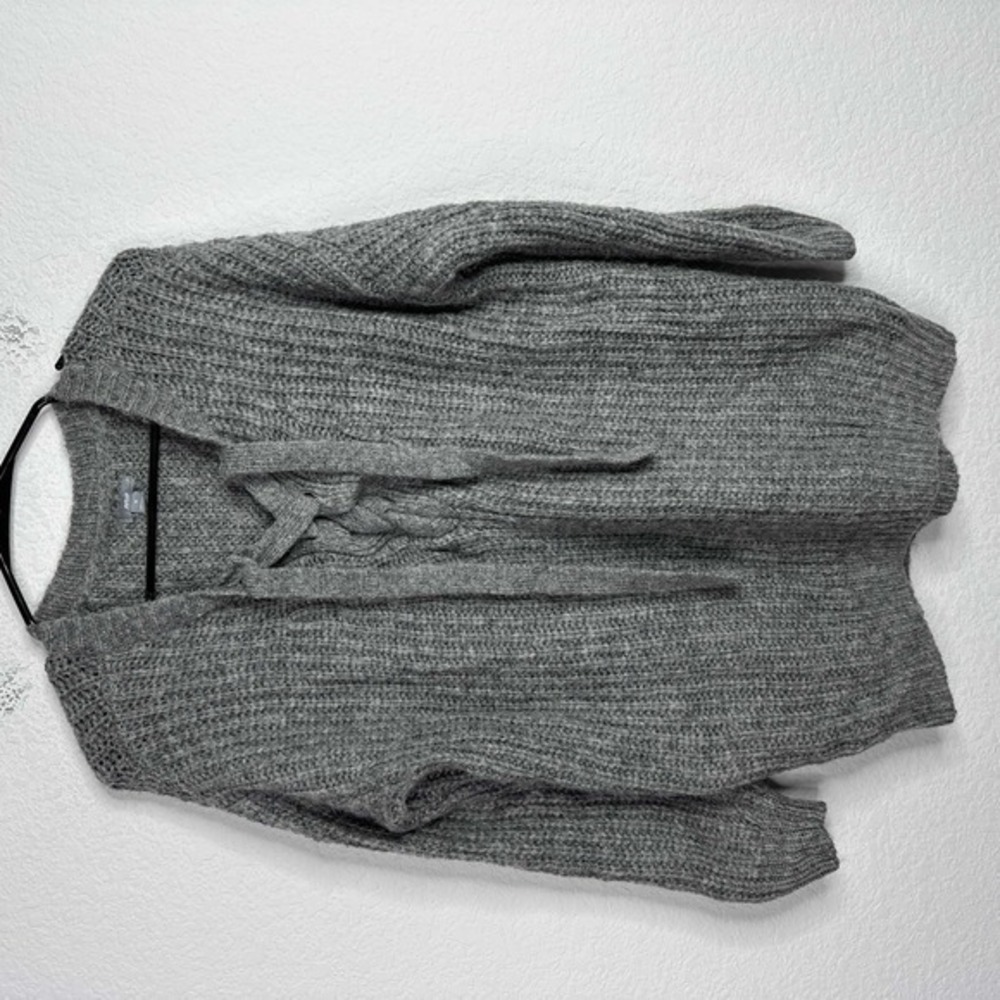 Aerie Sweater Women Medium Gray Tie Front Chunky Knit Wool Alpaca Boho Whimsical